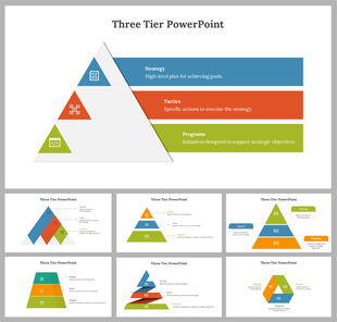 Three tier slides featuring a pyramid structure with labeled sections strategy, tactics, and programs, each with icons.