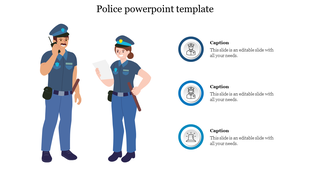 Slide with illustrated police officers on the left and three circular icons with captions on the right on a blue theme.