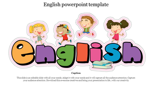 Colorful English template illustrates with playful four happy cartoon children, animated letters, and a caption below.