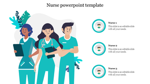Illustration of three nurses in teal uniforms with icons and placeholder text on a white background.