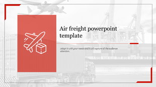 Red panel with airplane and box icon beside text on a gray toned shipping background featuring containers and a crane.