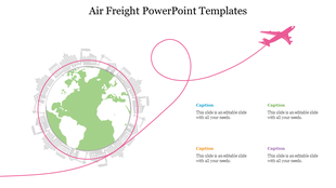 Illustrated air freight following a curved path around Earth, with caption areas aligned to the right.