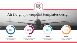 Air freight slide with a black and white image of a plane, accompanied by four colored percentage charts below.