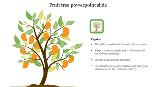 Slide featuring an illustration of a fruit tree on the left with an icon and caption area on the right.