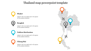 A gray Thailand map with four location markers in yellow, blue, black, and orange, with labels aligned on the left.