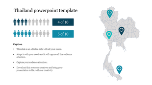 Thailand map with three location markers in teal and dark blue, accompanied by gender ratio icons and descriptive captions.