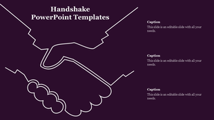 White outline of two hands shaking on a dark purple background with three text placeholders on the right.