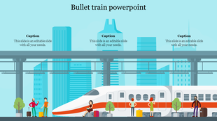 A sleek bullet train at a station with passengers waiting and city buildings in the background, under a blue sky.