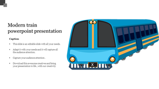 Modern blue train illustration paired with placeholder text areas on the left side.