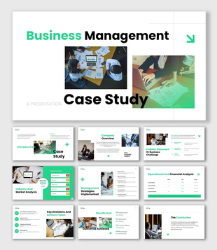 Business management case study presentation template with charts, team analysis, strategy, and results overview.