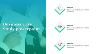 Business case study layout with a blue overlay image and three diamond icons with captions on the right.