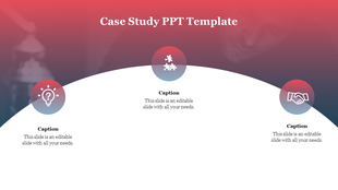 A gradient background slide featuring icons for case study presentation, including a lightbulb, puzzle piece, and handshake.