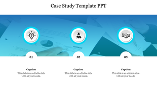 Three step case study slide with circular icons for idea, puzzle, and handshake above sections and caption areas below.