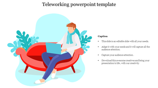 Illustration of a person sitting on a red sofa with a laptop, surrounded by plants, and text content on the right.