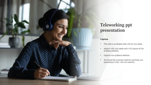 Teleworking slide featuring a woman in headphones taking notes while attending a virtual meeting on her laptop.