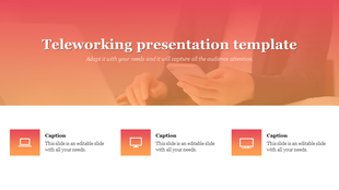 A telework-themed design with an image of hands holding a phone, complemented by caption boxes with device icons.