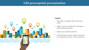 Illustration of a hand with a phone showing a map, colorful location markers above buildings, and text on the right.