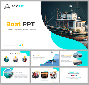 Boat PPT slides design featuring a boat image and slides on boat safety, types of boats, and accessories with descriptions.