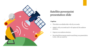 Illustration of a satellite in space communicating with a ground satellite dish, with comets, a moon  and a placeholder area.
