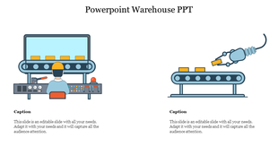 Illustration of a worker operating at a control panel, and the right features a robotic arm over a conveyor belt.
