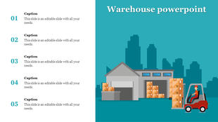 Illustration of a warehouse with boxes and a forklift on a teal background, with five numbered captions on the left.
