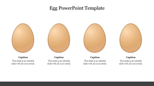 Egg themed slide with four brown eggs aligned horizontally, each with a caption and text area below, on a white layout.