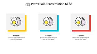 Egg PowerPoint slide featuring three sections with illustrated egg icons and captions below each.
