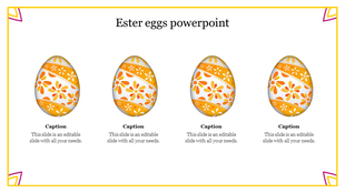 Four decorative eggs with orange floral patterns placed in a row on a white background with a yellow border.