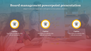 Board management slide with three circular icons of a presentation board over a meeting background and captions below.