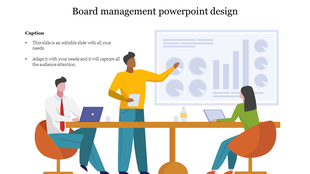 Board meeting illustration with three people at a table, a presentation screen with charts, and laptops for discussion.