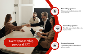 Event Sponsorship Proposal PowerPoint Presentation with three caption sections and icons alongside the image.