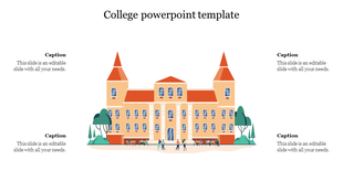 Illustration of a large college building with red roofs, surrounded by four captions, on a white background.