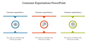Slide featuring three customer expectations with colored corresponding icons and placeholder text.