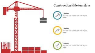 Construction PowerPoint slide with a crane and tools like a hammer and saw with color coded icons and captions with text.