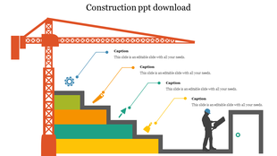Construction themed slide featuring a crane and stair like structure with icons for tools and captions for text.