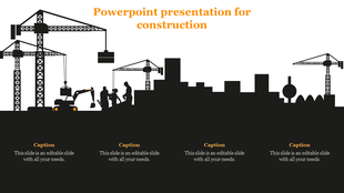 Urban construction illustration featuring cranes lifting materials, workers in action, and editable captions below.
