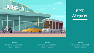 Illustration of an airport entrance with a taxi, bus, and scooter, set against a teal background with three captions below.