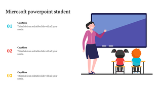 Classroom themed slide with a teacher pointing at a screen, two students seated, and three numbered captions on the left.