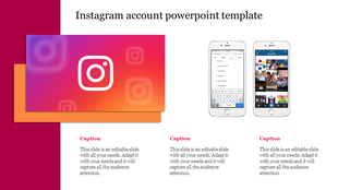 Instagram account template with an Instagram logo and two iPhone mockups illustrating search and feed features.