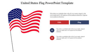 Waving United States flag with placeholders text areas and two labeled buttons on the right side.