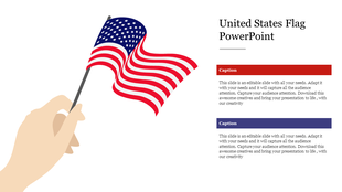 Illustration of a hand holding a waving U.S. flag with two caption boxes in red and blue on the right.