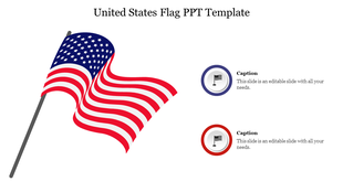 US flag illustration PowerPoint template with color coded icons with captions and placeholder text on a white backdrop.