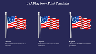 Three American flags on flagpoles waving against a dark blue background with three placeholder text below.
