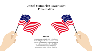 Symmetrical layout with two hands holding American flags, positioned on each side of a central caption area.