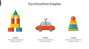 Colorful toys displayed slide, featuring a block tower, a red toy car, and a stacking ring set with captions.