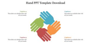 Four colored hands in blue, green, red, and orange interlocked in the center, with captions around it.
