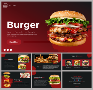 Burger PPT template featuring a large burger image, with slides on history, types of burgers, toppings, and trends.