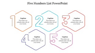 Colorful outlined hexagons with numbers 1 to 5 arranged in a layout and captions inside each shape.