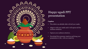 Ugadi slide featuring a decorated pot, fruits, and coconut against a purple background with intricate patterns.