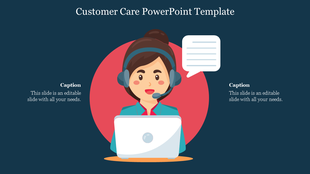 Customer care PPT template showing an operator with a headset assisting a customer on a dark blue backdrop with a caption.